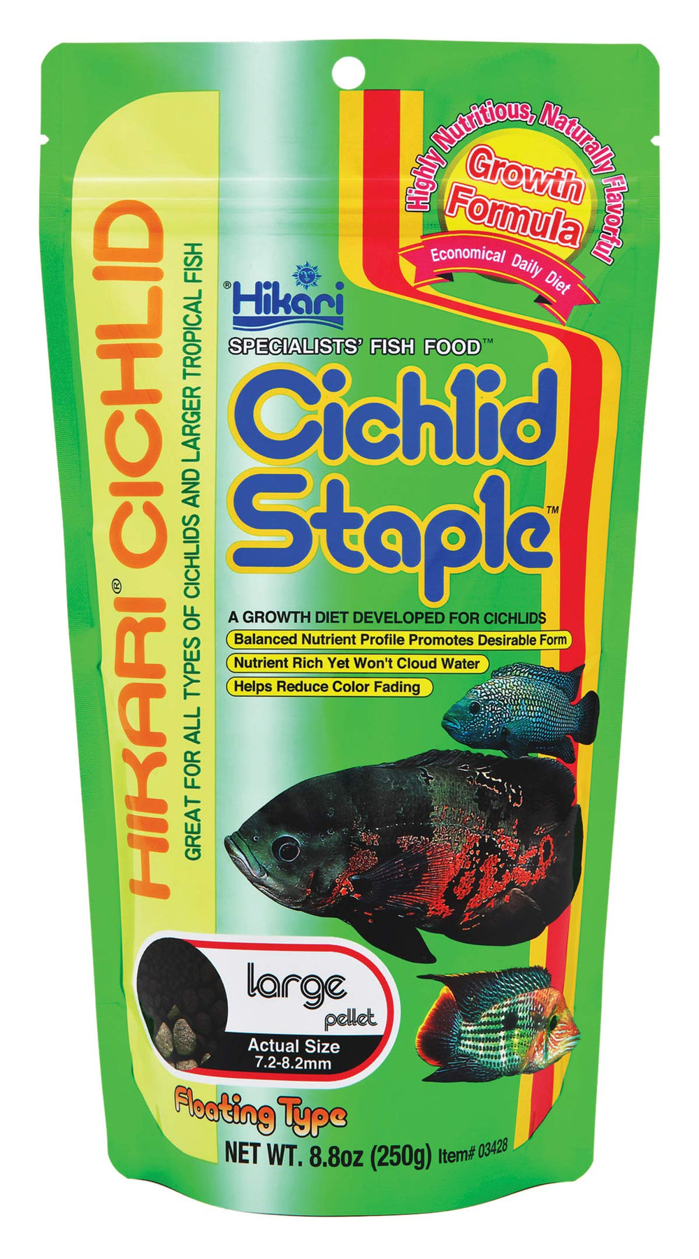 Hikari Cichlid Staple Floating Pellets bottle view helps monitor intake