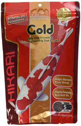 Hikari Gold 17.60z Mini pellets closeup for balanced koi nutrition.