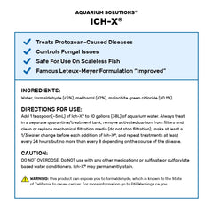 Hikari Ich-X bottle back label reveals formulation details for ich care.