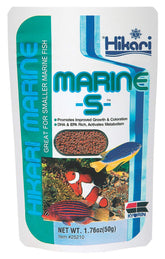 Hikari Marine-S pellets close-up show small, protein-rich bites for tiny reef fish.
