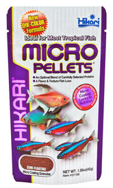 Hikari micropellets 1-58oz packaging displays compact, shelf-stable nutrition for small tropical fish