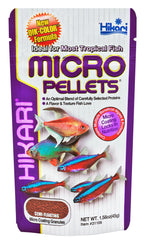 Hikari micropellets 1-58oz packaging displays compact, shelf-stable nutrition for small tropical fish
