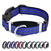 Hikiko Martingale Collar Blue closeup highlights durable nylon and reflective safety.