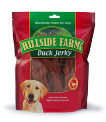 Hillside Farms Duck Jerky Treats bag showing a 3-ingredient recipe for training rewards