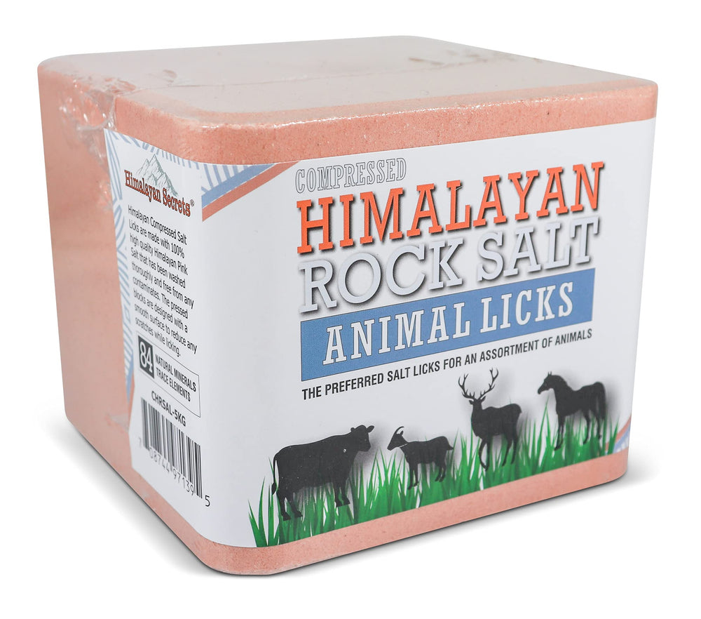 Himalayan Secrets compressed pink salt lick block in pasture supports steady mineral intake.