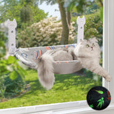 HiPetpy cat window perch glow-astronaut-fabric highlights glow-in-the-dark comfort for evening lounging.