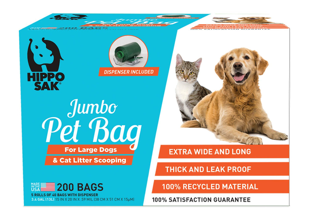 Hippo Sak dispenser bags 200-count demonstrate convenient mess-free cleanup after large dogs.