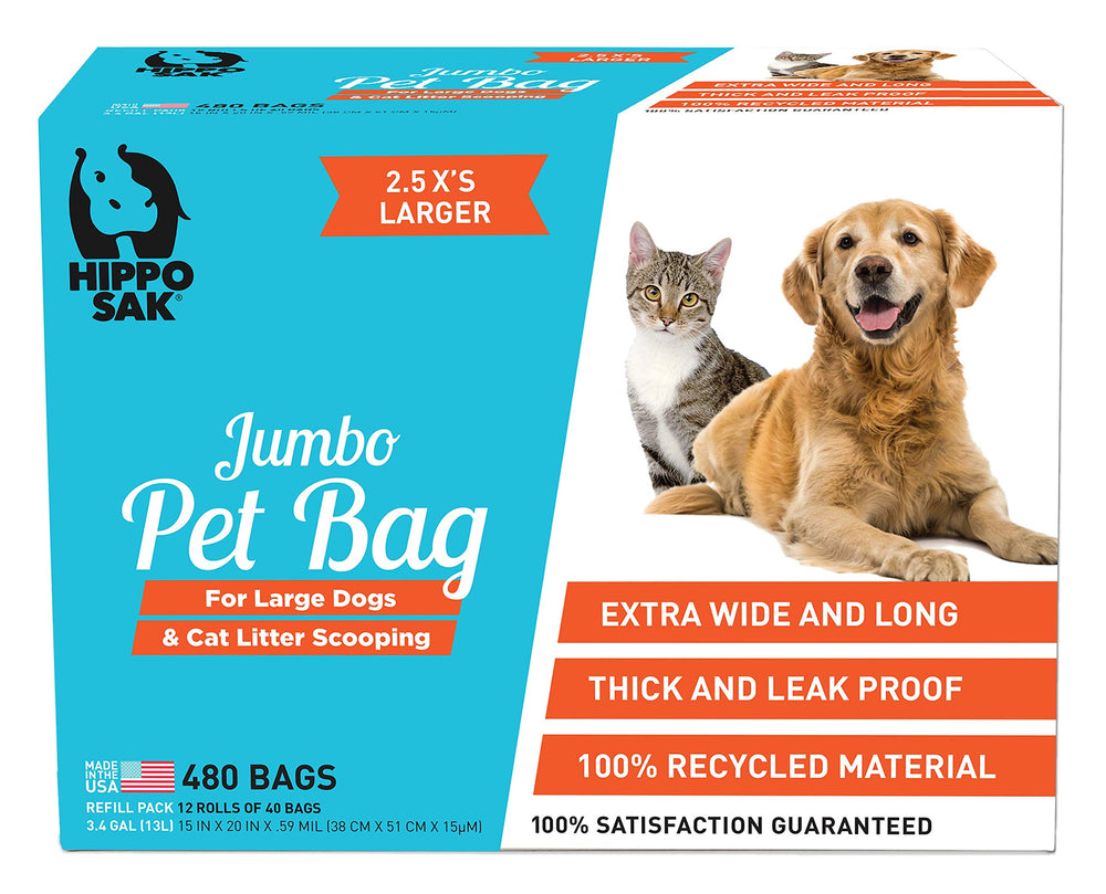 Hippo Sak extra-long bags (15x20) for mess-free cleanup after large dogs.