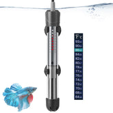 Hitop 25W heater body in tank provides compact, steady warmth for small aquariums.
