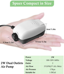 Hitop 2W Nano Whisper airpump side view highlights dual outlets for flexible tank aeration.