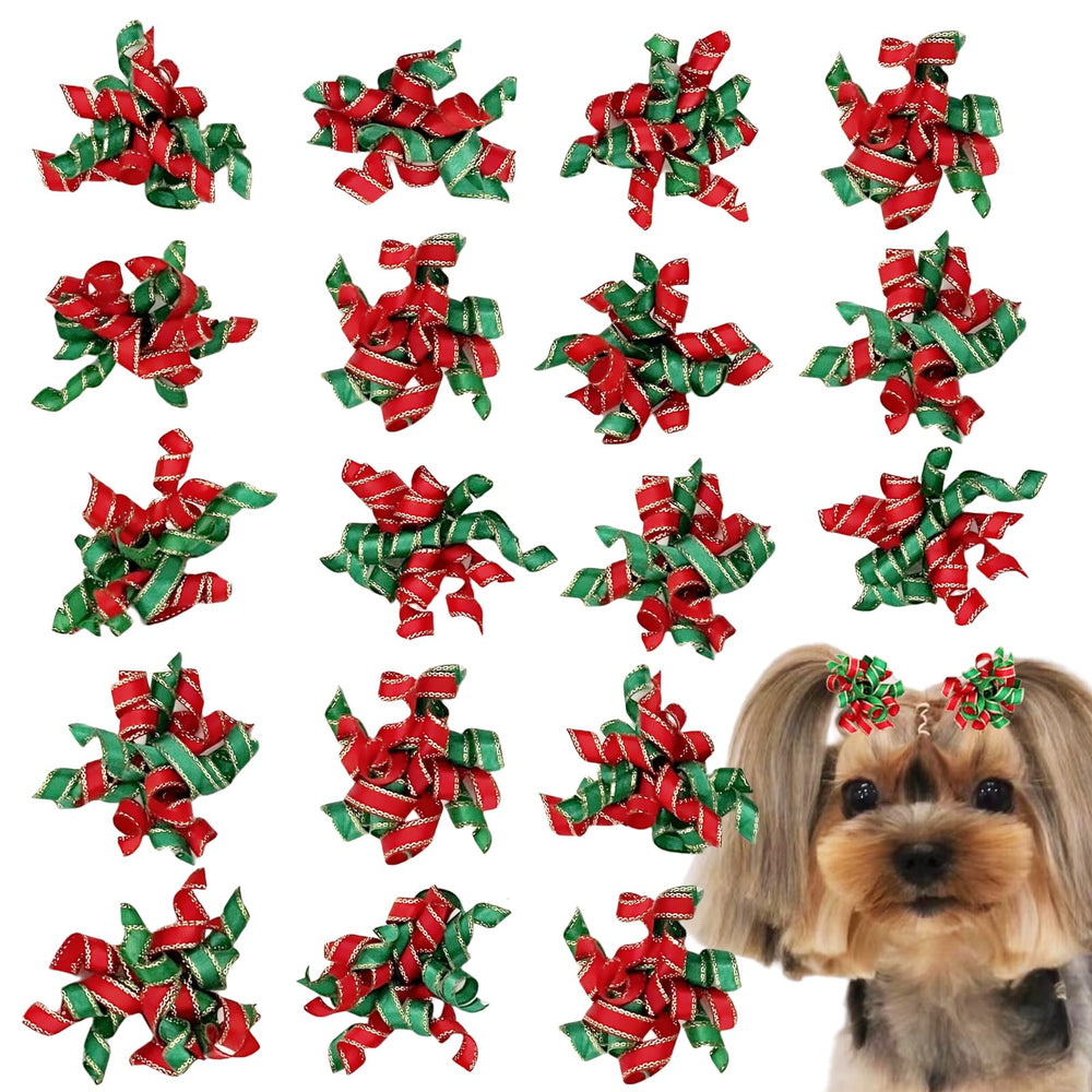 Hixixi curly Christmas dog bows arranged for a festive pet photoshoot