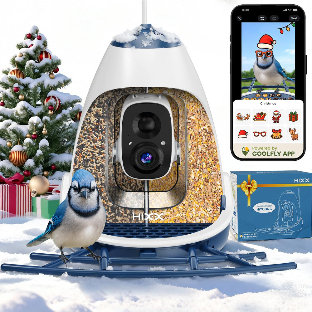 HIXX smart bird feeder camera front view enables real-time backyard birdwatching and sharing.