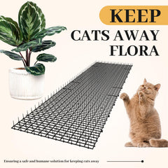 Hmyomina scat mat closeup shows humane plastic spikes for pet-safe deterrence.