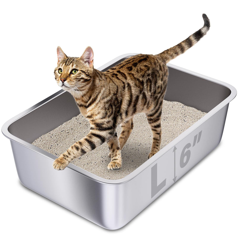 Holintan stainless steel litter box front view highlights easy entry for quick scooping and use.