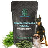 Holistic Bin canine chlorella tablets bottle shows fresh breath support for dogs.