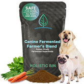 Holistic Bin canine-fermented-farm-supplement-50g-powder with scoop supports digestion and daily vitality.