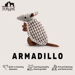 Hollypet Armadillo plush toy shown in puppy bonding play.