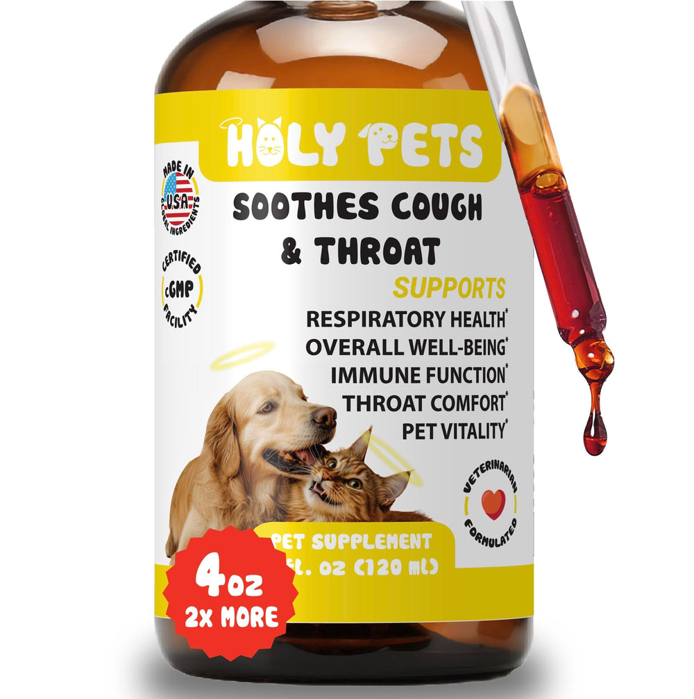Holy Pets cough medicine 4oz bottle supports pet respiratory comfort.