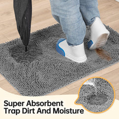 HOMEK chenille entry mat soft touch surface for pets and feet.