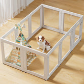 Homelio clear acrylic dog playpen wall view shows unobstructed sightlines for you and puppy.