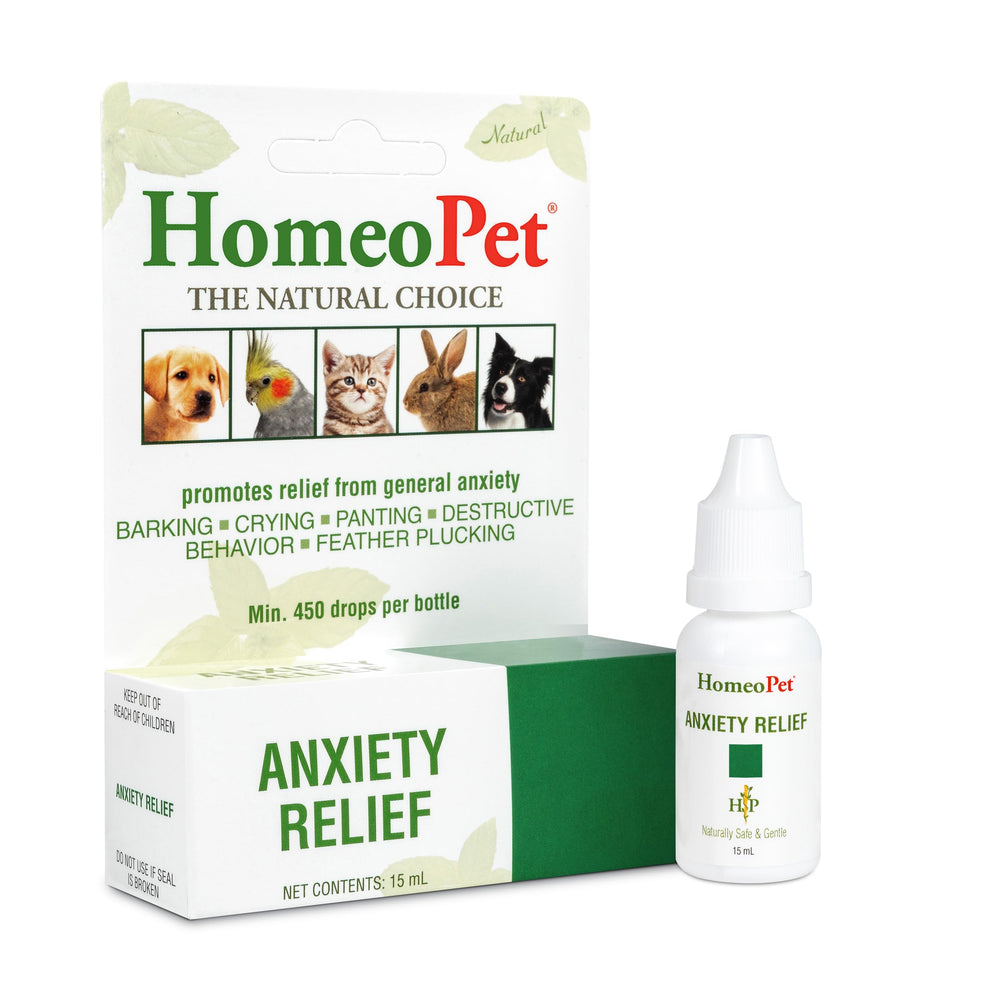 HomeoPet Anxiety Relief bottle shown for easy, gentle calming support