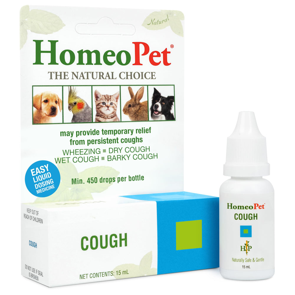 HomeoPet Cough bottle front for gentle respiratory support in pets.