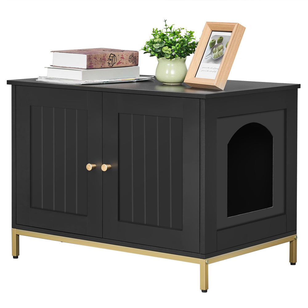 Homhedy cat litter-box-enclosure with black gold frame for stylish privacy.