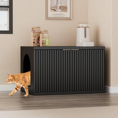 Homhedy cat litter box enclosure front view with fluted black panels for odor containment.