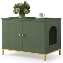 Homhedy cat litter box enclosure front view highlights green-gold frame privacy and tidy space