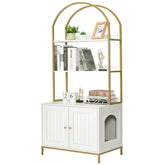 Homhedy cat litter box enclosure front view with white and gold frame for stylish hiding