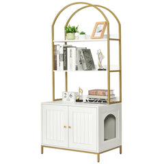 Homhedy cat litter box enclosure front view with white and gold frame for stylish hiding