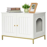 Homhedy cat litter box enclosure front view; discreet litter setup in white and gold