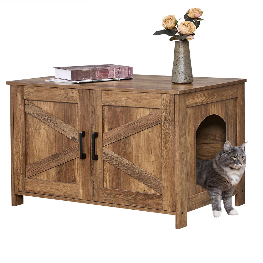 Homhedy cat litter enclosure front view with rustic walnut finish hides litter odor.