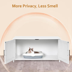 Homhedy wooden pet house with barn door demonstrates discreet, stylish housing for litter boxes.