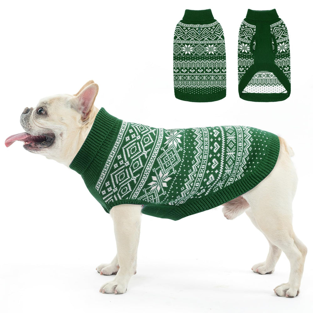 Homimp dog-sweater argyle green front view highlights cozy warmth for winter walks.
