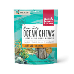 The Honest Kitchen Ocean Chews packaging image highlights single-ingredient cod skins for clean snacking.