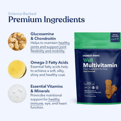 Honest Paws dog multivitamin supports immune system with antioxidants and essential nutrients.
