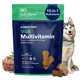 Honest Paws 90-count packaging shows beef-flavored chews for daily canine wellness and convenience.