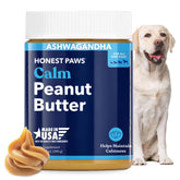 Honest Paws Calming Peanut Butter jar closeup highlighting natural relaxant for dogs.