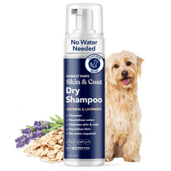 Honest Paws dog dry shampoo bottle pouring foaming formula for a quick clean.