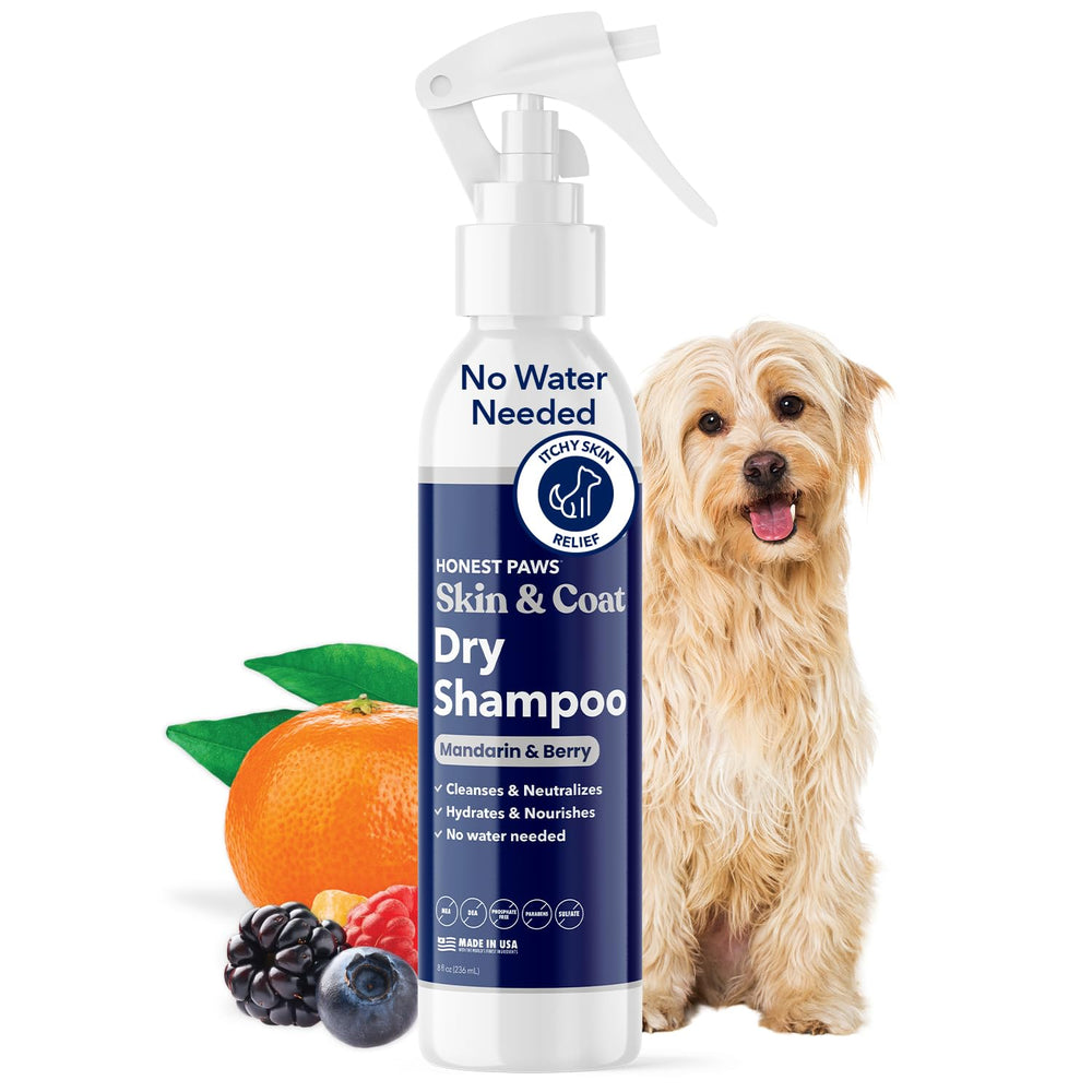 Honest Paws dog dry shampoo bottle—quick waterless cleanse for between baths.