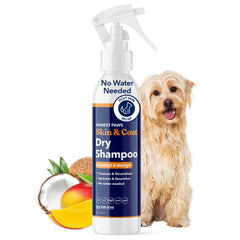 Honest Paws dry shampoo bottle pouring for a quick, waterless cleanse.