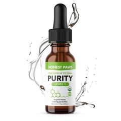 Honest Paws hemp oil for dogs bottle close-up promoting calming support.