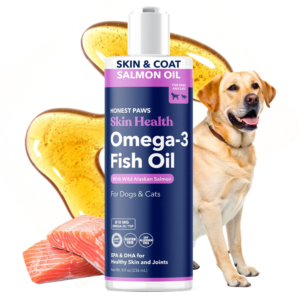 Honest Paws Salmon Oil bottle pour for easy incorporation into meals and daily routine.