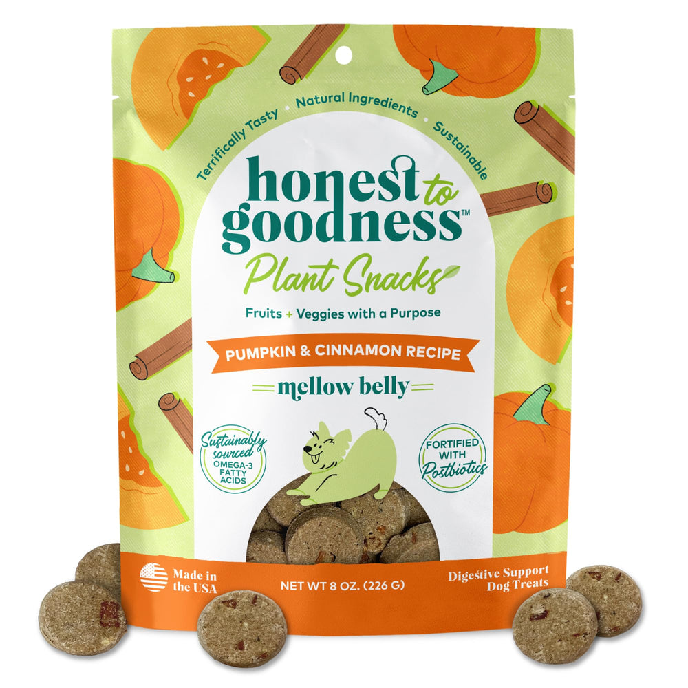 Honest to Goodness Mellow Belly bag front with pumpkin-cinnamon treats for rewarding dogs.