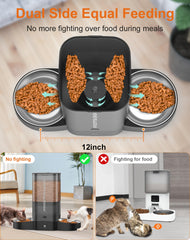 HoneyGuaridan 5L dual-port meal dispense visual demonstrates balanced portions for two pets.