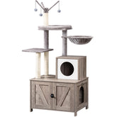 HOOBRO cat tree litter enclosure shows private washroom for neat litter setup