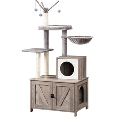 HOOBRO cat tree litter enclosure shows private washroom for neat litter setup