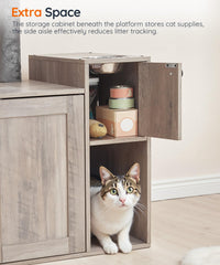 HOOBRO cat tree storage cabinet beneath platform keeps snacks and toys organized