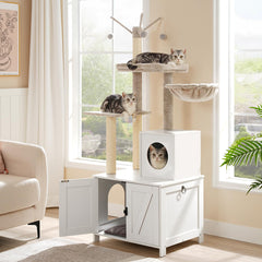 HOOBRO cat tree tower shows left or right door installation for flexible setup